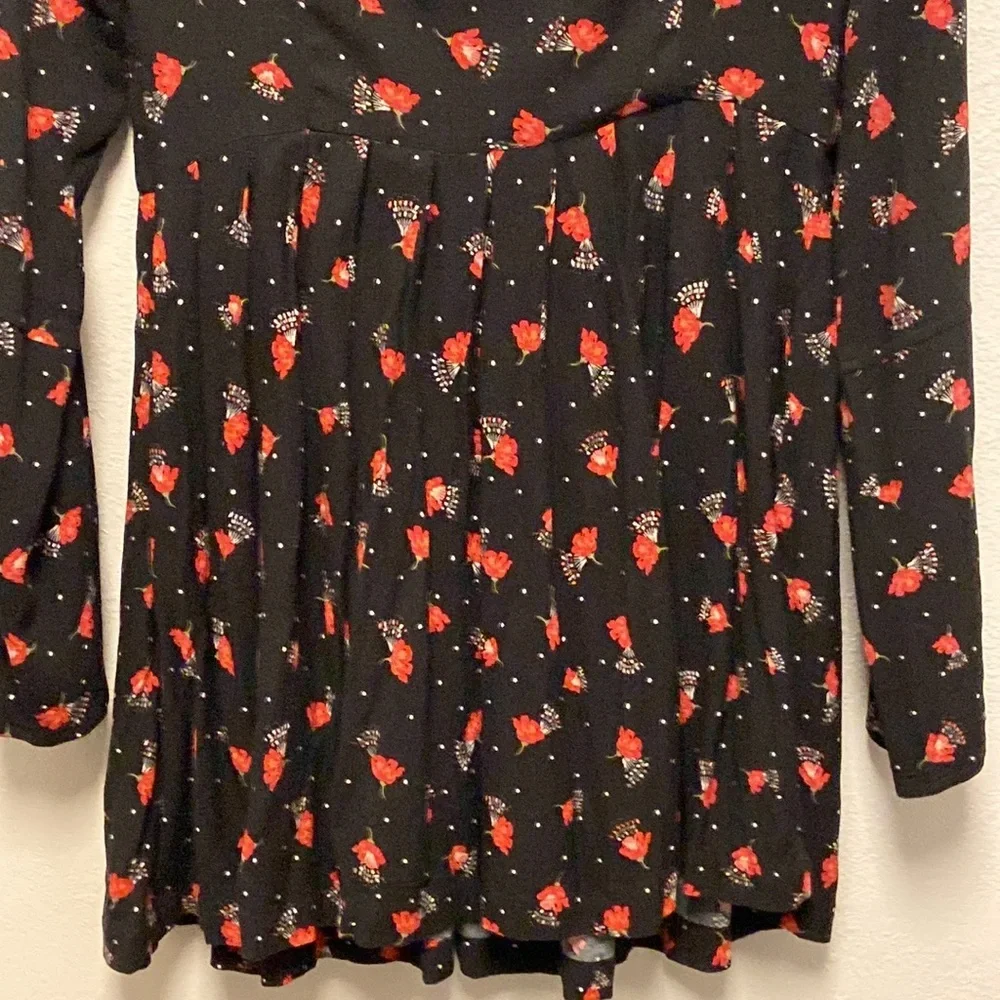 Free People Teagan Black Floral Deep V Neck Open Back Bell Sleeve Mini Dress